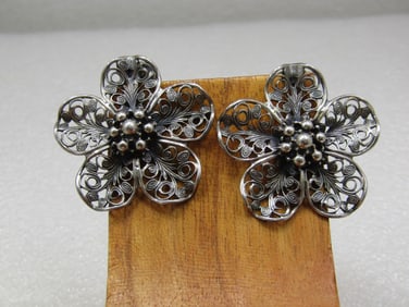 Vintage Sterling Filigree Floral Earrings, Clip, 1950's-1960's