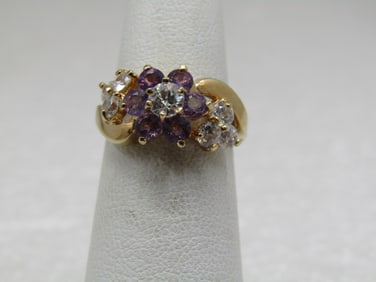 Vintage Rhinestone Floral Ring, Sz. 6, 14kt GEP