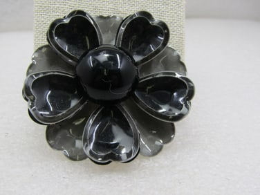 Vintage Black & Gray Enameled Floral Brooch, Tiered, 2.25", 1960's