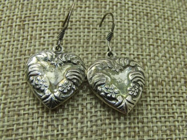 Vintage Sterling Silver Floral Heart Earrings, Pierced, Two-Sided