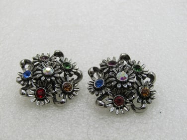 Vintage Judy Lee Rhinestone Clip Earrings, Floral, 1.25"