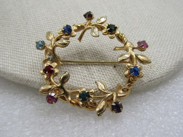 Vintage Rhinestone Floral Circle Brooch, 1.5"