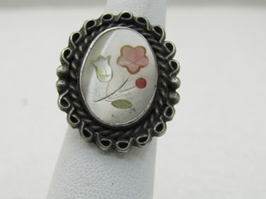 Vintage Sterling Southwestern Inlaid MOP Floral Ring, Sz. 6.5, Signed J.M.