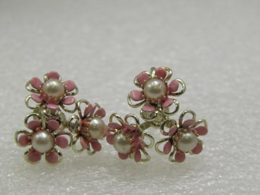 Vintage Pink Floral & Faux Pearl Earrings, Screwback, 1940's-1950's
