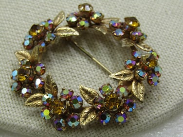 Vintage Rhinestone Wreath Brooch, Aurora Borealis Blossom, 1-5/8"