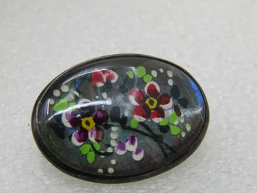Vintage Sterling Reverse Painted Floral Brooch, 1940's