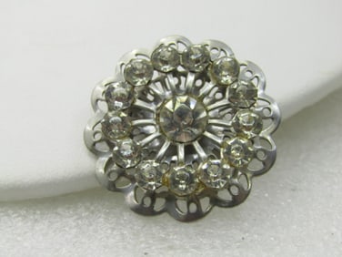 Vintage Rhinestone Round Blossom Brooch, Silver Tone, 1950's, 1.25"