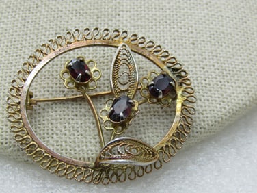 Vintage Filigree Purple Rhinestone Floral Brooch, 1960's, Oval, 1.5"