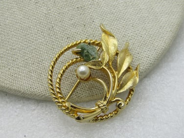 Vintage Moss Agate Faux Pearl Floral Circle Brooch, 1960's, 2"