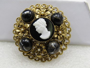 Vintage Black White Cameo Floral Brooch, 1-7/8"