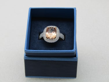 Sterling Rose Gold Peach & Clear CZ Halo Ring, Statement, Sz. 10.5