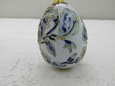 Cloissonne Blue & White Floral Egg, 2.5" Tall