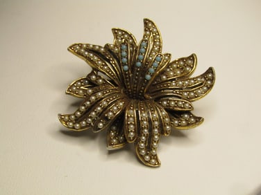 Vintage Floral Faux Pearl Turquoise Brooch, Florenza, 1950's