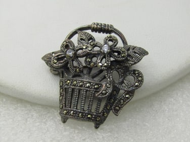 Vintage Sterling Marcasite Flower Basket Brooch, Signed M