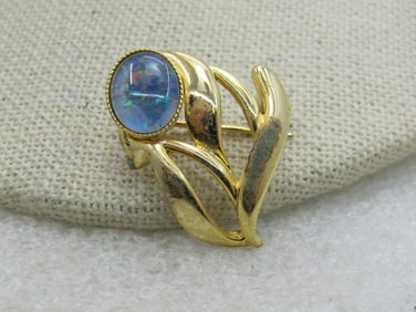 Vintage Australian Created Opal Floral Brooch, Gold Tone