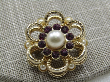 Vintage Faux Pearl Rhinestone Halo Brooch, 1", 1960's