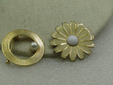 Vintage Two Brooch Lot, Circle and Floral, 1960's, Gold Tone
