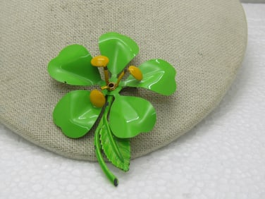 Vintage Enameled Green Floral Pin, 1960's. 3"