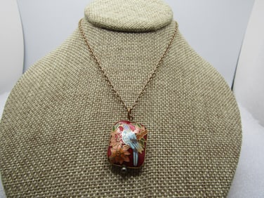 Vintage Bird & Flower Guilloche Necklce, 19", 1970's