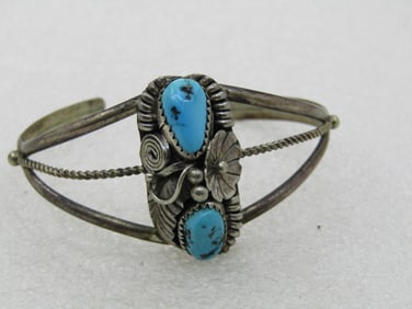 Vintage Sterling Southwestern Turquoise Cuff Bracelet, 6.75", 1960's-1980's