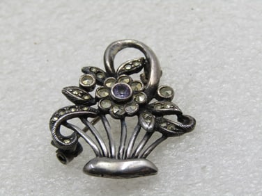Vintage Sterling SIlver Marcasite Flower Basket Brooch, 1950's-1960's