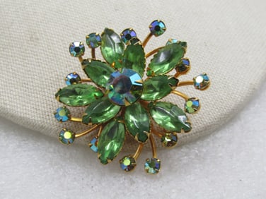 Vintage Green Rhinestone Tiered Blossom Brooch, 2", Aurora Borealis