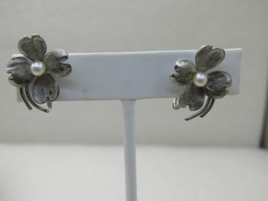 Vintage Sterling Silver Dogwood Blossom Earrings, Screw Back, 1960's, Faux Pearl