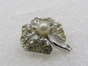 Vintage Rhinestone & Faux Pearl Four Leaf Clover Brooch, 1920's-1930's