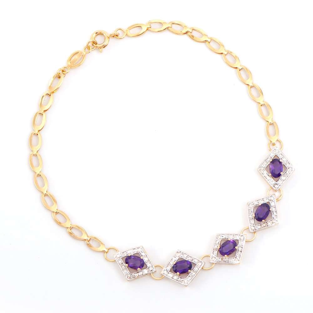 2.21 TW CTS AMETHYST & DIAMONDS 18K GOLD PLATED DESIGNER BRACELET SIZE 8.25 INCHES (1 of 2)