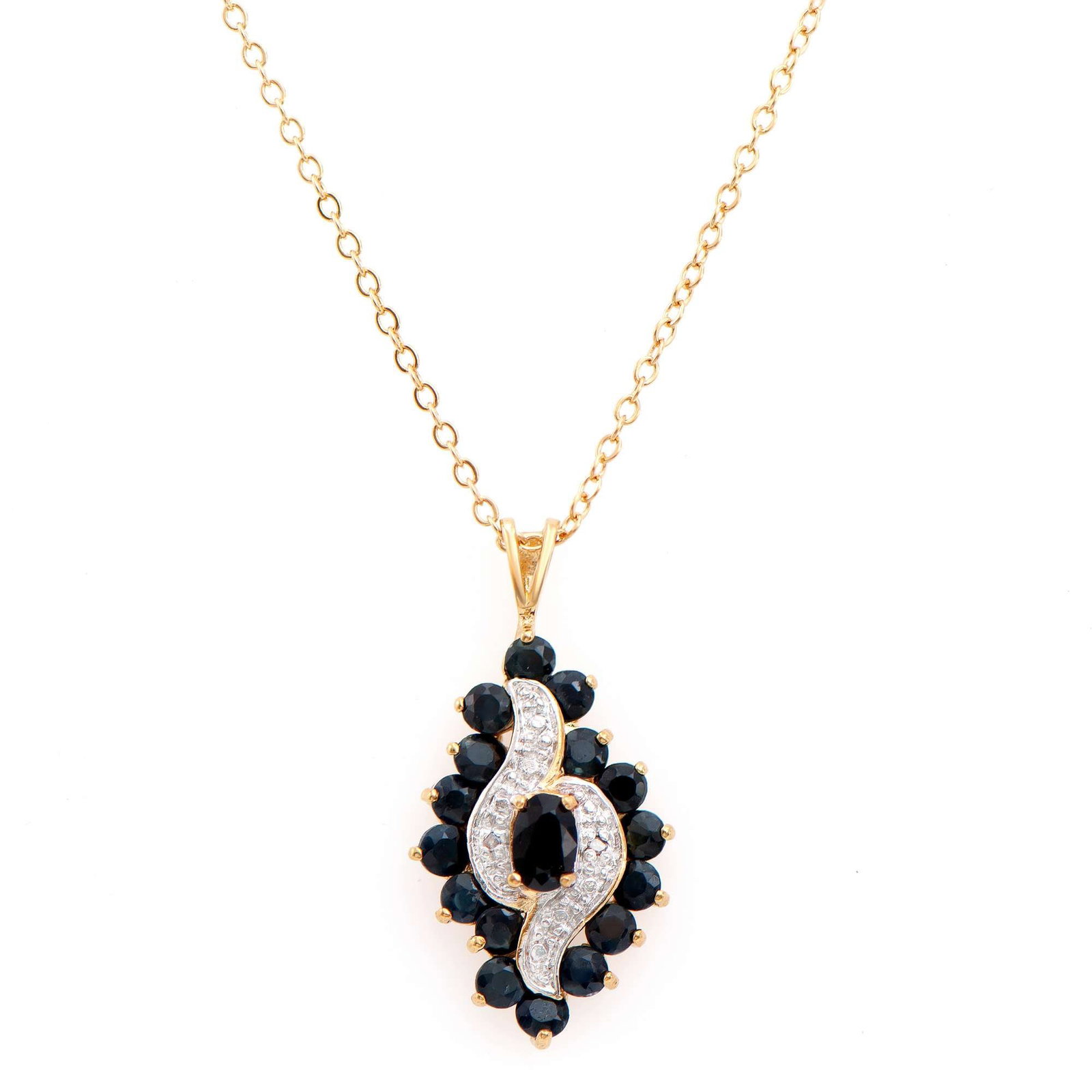 2.83 ctw Sapphire & Diamonds 18K Gold Plated Designer Pendant 18 in: Title: 2.83 ctw Sapphire & Diamonds 18K Gold Plated Designer Pendant 18 in Stone 1: Diamonds Color: H-I Shape: Rounds Size: 1.1mm Quantity: 2 CTW: 0.02 Grade: I3 Stone 2: Black Sapphire Color: Black S