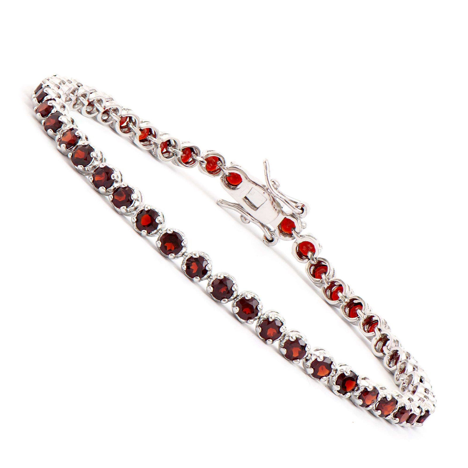 4.52 ctw Garnet Rhodium Plated Designer Bracelet 7.5 in: Title: 4.52 ctw Garnet Rhodium Plated Designer Bracelet 7.5 in Stone 1: Garnet Color: Brown Shape: Round Size: 3mm Quantity: 46 CTW: 4.52 Plating Material: Rhodium Primary Material: Base Metal Mount T