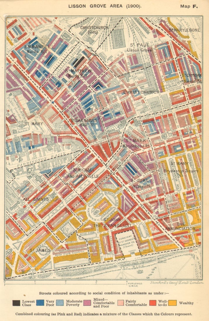 BAYSWATER WEST MARYLEBONE Booth poverty map Lisson Grove Paddington 1902 (1 of 1)