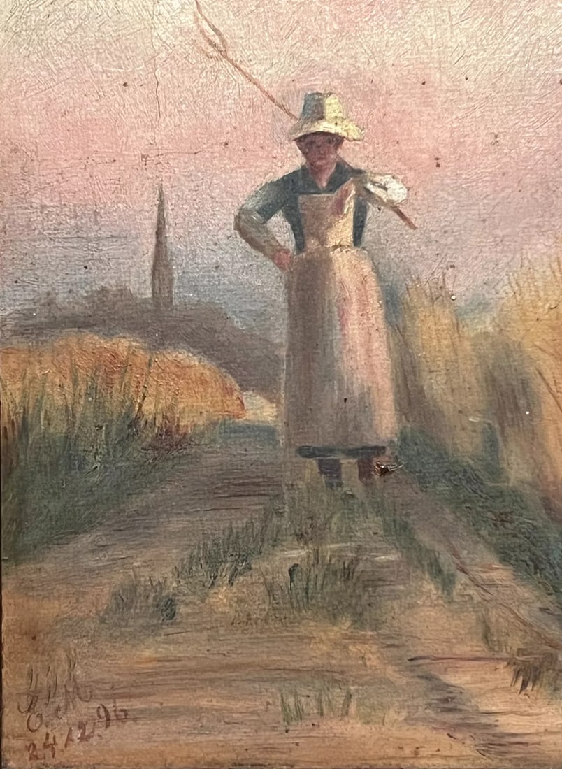 Antique Original Painting Farming Woman in the Field 1896 (1 of 8)