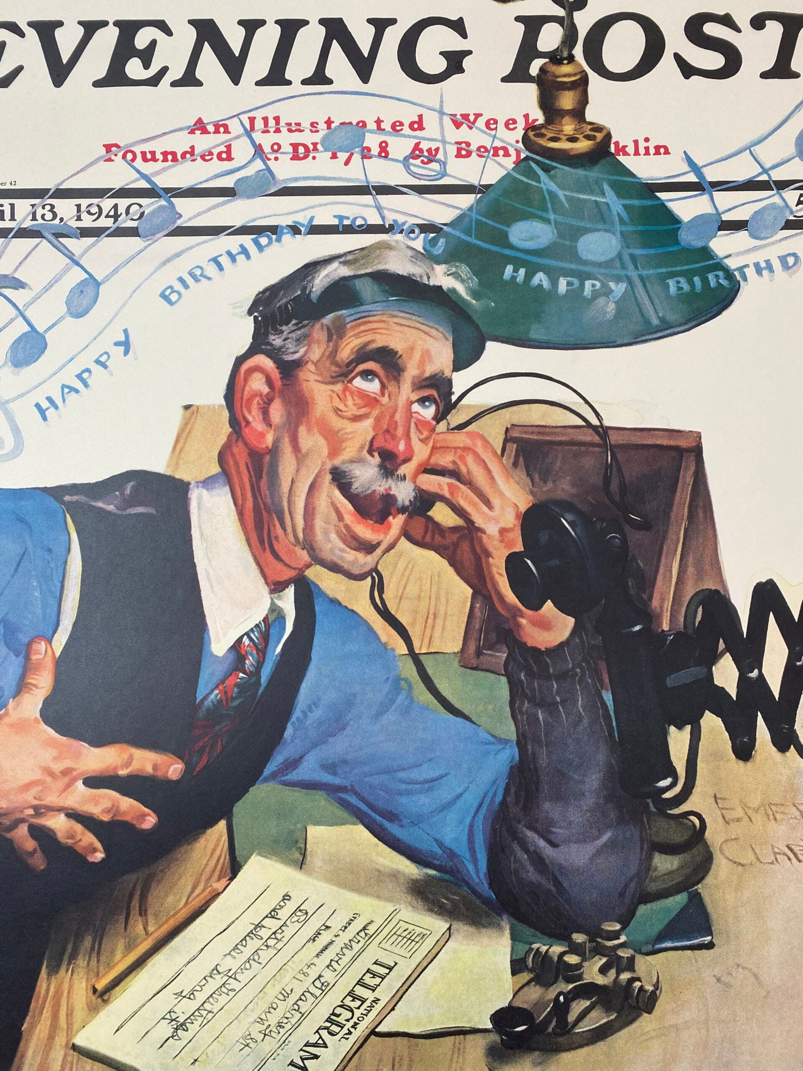 21.5x27.5 1940 Newstand Poster Saturday Evening Post - Art By Emery Clarke singing Telegram LB (1 of 6)