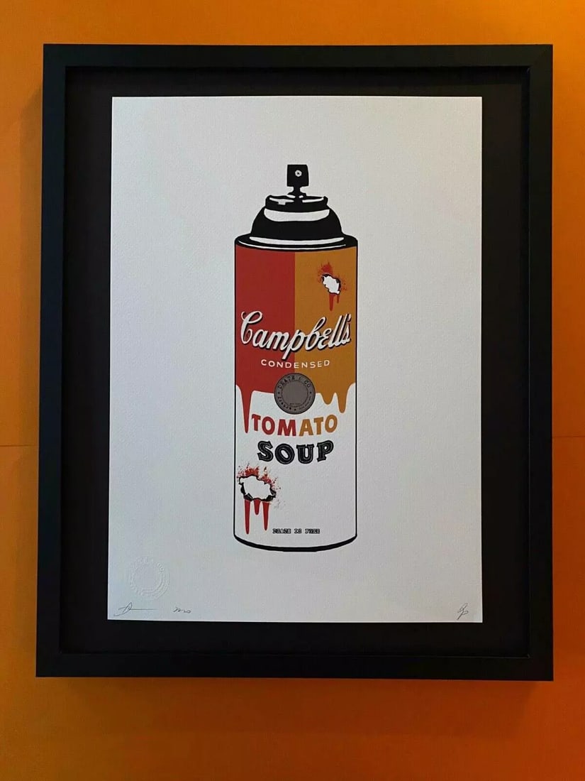 DEATH NYC Hand Signed LARGE Print Framed 16x20in COA CAMPBELL'S SOUP SPRAYCAN B: This is a Stunning and Scarce 100% Authentic New Print by Death NYC Hand Signed and Numbered in Pencil by the Artist Limited Edition of 100 Large Size: 45cm x 32cm About 18x13in Fine Art 300 gsm Paper