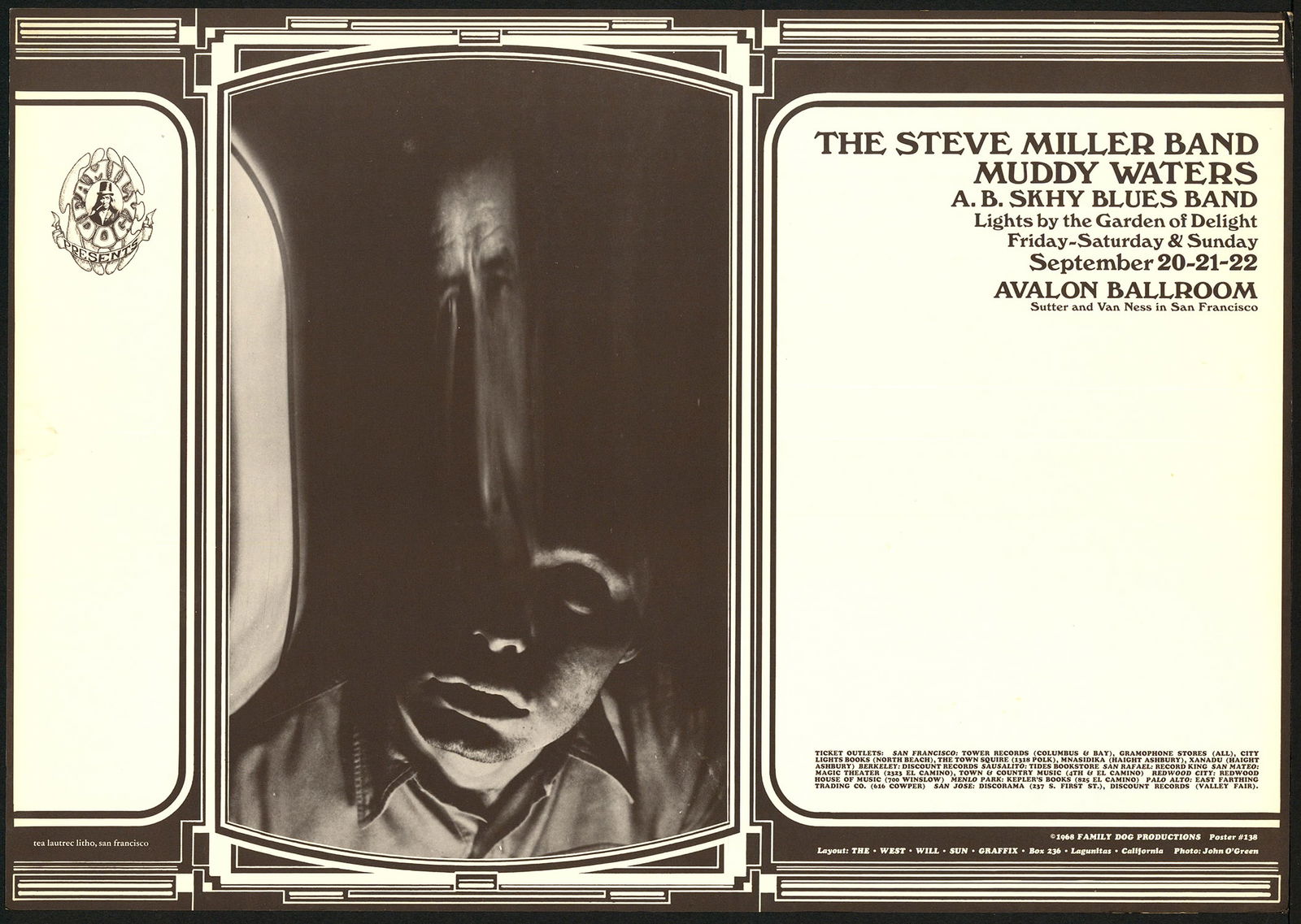 Wes Wilson and John O’Green: Original FD-138 Steve Miller Poster: No Reserve! Artist: Wes Wilson and John O’Green Title: Original FD-138 Steve Miller Poster Date: 1968 Medium: Lithograph Dimensions: 14" x 20⅛" Publisher: Family Dog Series: Family Dog Add