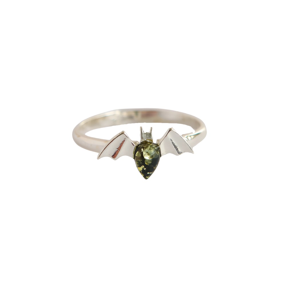 TINY BAT RING WITH BALTIC GREEN AMBER AND 925 STERLING SILVER (1 of 5)