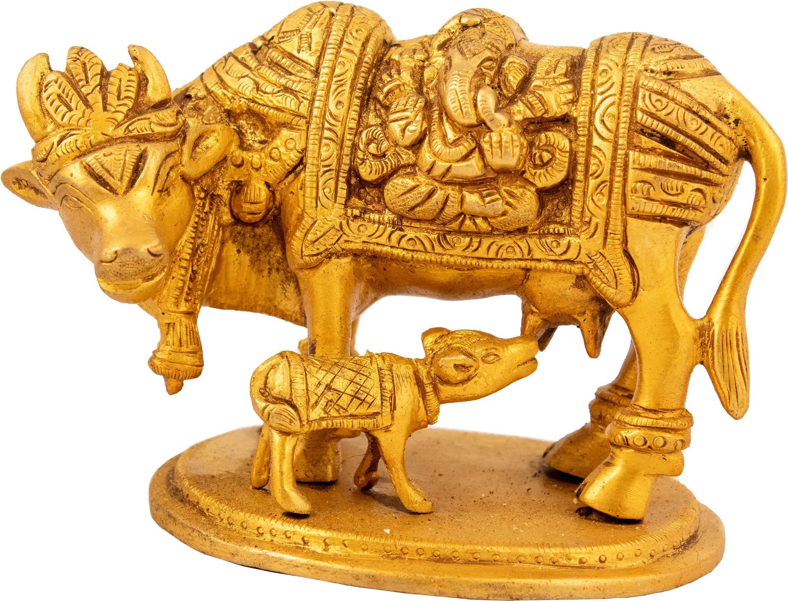 3" Mother Cow Suckles Her Calf, Lakshmi-Ganesha Carved on Either Side of Her Robe | Handmade Brass (1 of 3)