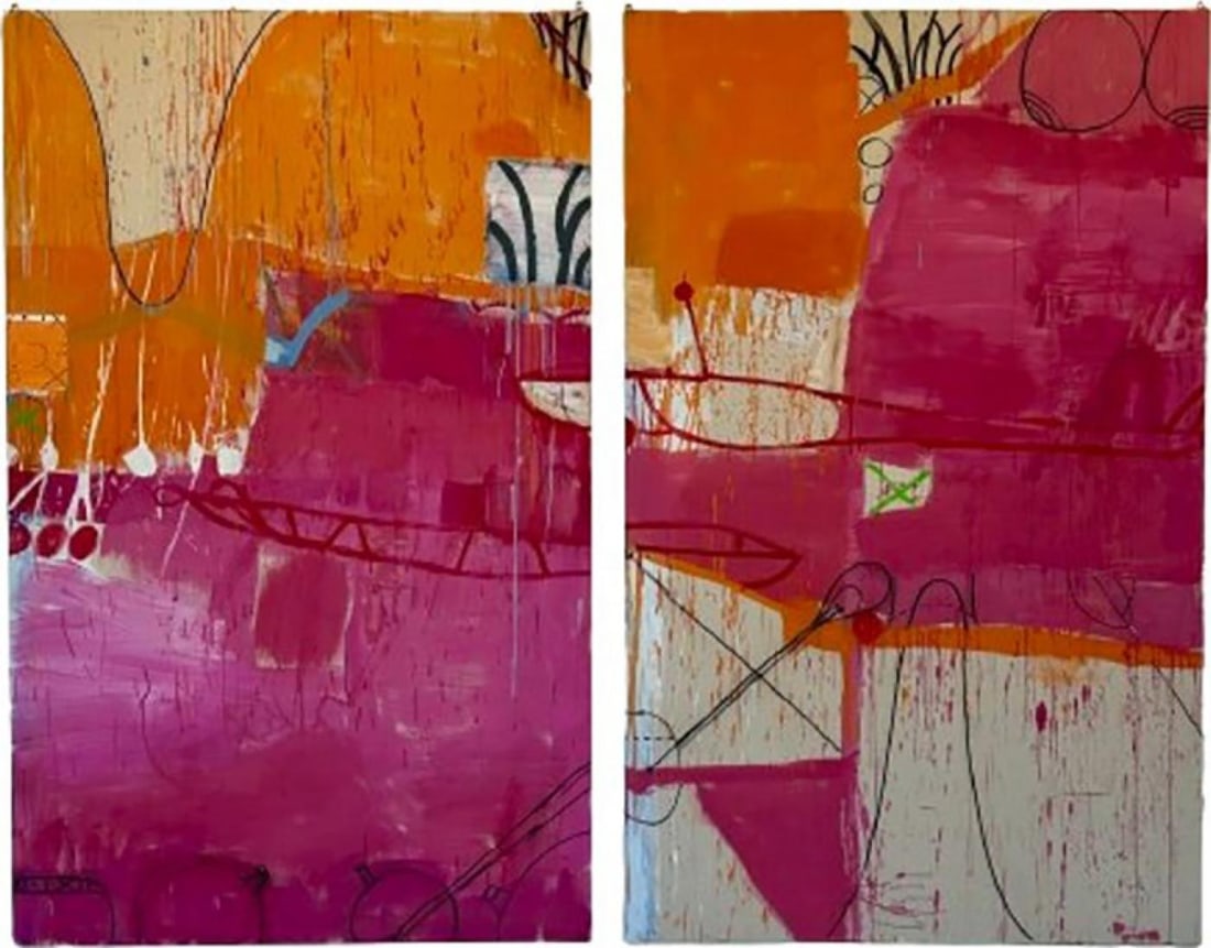 Gary Komarin, Contemporary Abstract Painting, Massive Diptych, Pink, Orange: Gary Komarin, Contemporary Abstract Painting, Massive Diptych, Pink, Orange THE OPEN PALM OF DESIRE by Gary Komarin; the artist's largest work to date. On view now and available for sale exclusively t