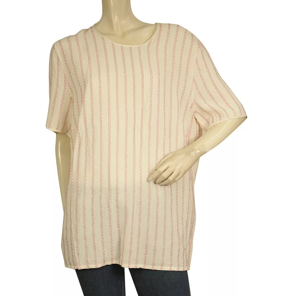 Escada Silk Cream with Pink Beaded Stripes Tunic Blouse Top Size 44: Escada Silk Cream with Pink Beaded Stripes Tunic Blouse Top Size 44 A beautiful silk tunic from ESCADA in cream with pink beaded stripes !!This elegant top features round neckline with button at the b