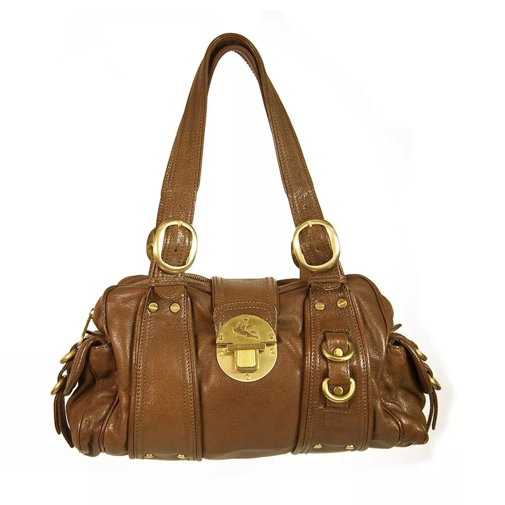 ETRO Brown Leather Double Handles Zip Top Shoulder Bag Handbag Gold Hardware: ETRO Brown Leather Double Handles Zip Top Shoulder Bag Handbag Gold Hardware Cool, handy and at the same time luxurious this ETRO bag is such a practical piece! This beautiful bag features a chocolate