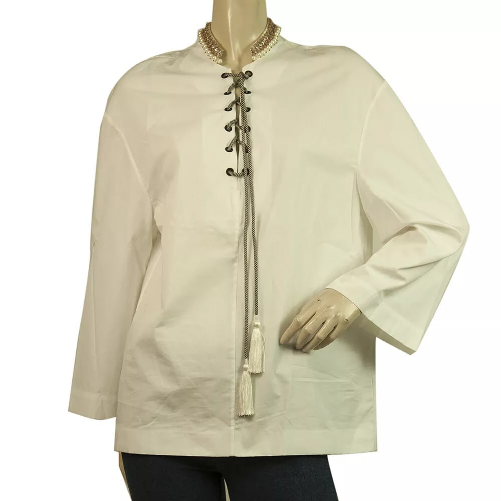 ETRO White Cotton Pearls and Beads Neckline, Tassels Blouse Tunic Top size 38: Gucci Taupe Silk Soft Shiny Button Down Shirt Top Size 44 ETRO White Cotton Pearls and Beads Neckline, Tassels Blouse Tunic Top size 38 A beautiful tunic from ETRO house !!This elegant top features ti