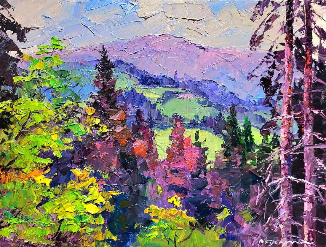 Oil painting In the mountains Boris Serdyuk: №SERB 1110 The painting titled "In the Mountains" presents a breathtaking view of a mountain landscape filled with vibrant colors and rich textures. The artist masterfully captures the beauty of