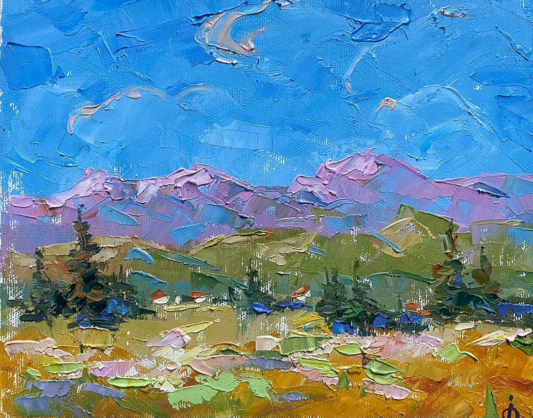 Oil painting Beyond the mountains Alex Kalenyuk: №Kalen 1282 This vibrant oil painting titled "Beyond the Mountains" is a rich tapestry of color and texture that evokes the majesty of a mountainous landscape under a wide, expansive sky. The ar