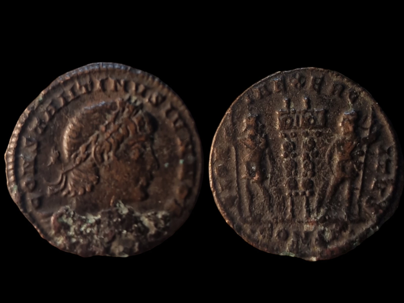 Roman Empire: Title: Roman Empire Description: Constantius II, 337-361 AD, Thessalonica Mint AE Follis. Obverse: Laureate bust of Constantius II facing right with imperial inscription. Reverse: Two soldiers standin