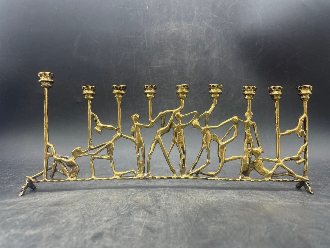 Mid Century Brutalist Menorah Brass Figural Judaica Hanukkah Yoseph Bier (1 of 8)