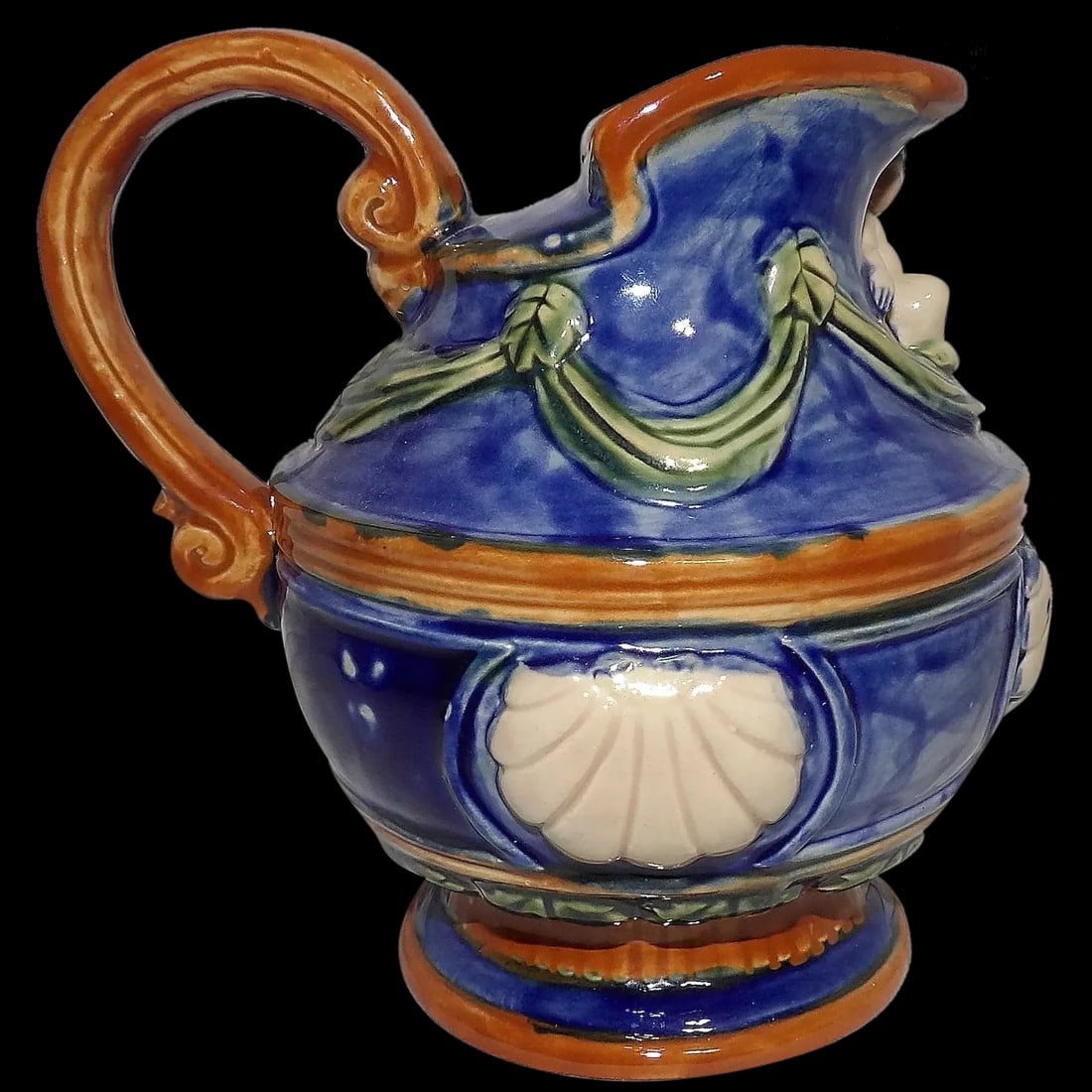 Vintage Cobalt Blue Pottery Pitcher with Shells and Cherub (1 of 7)