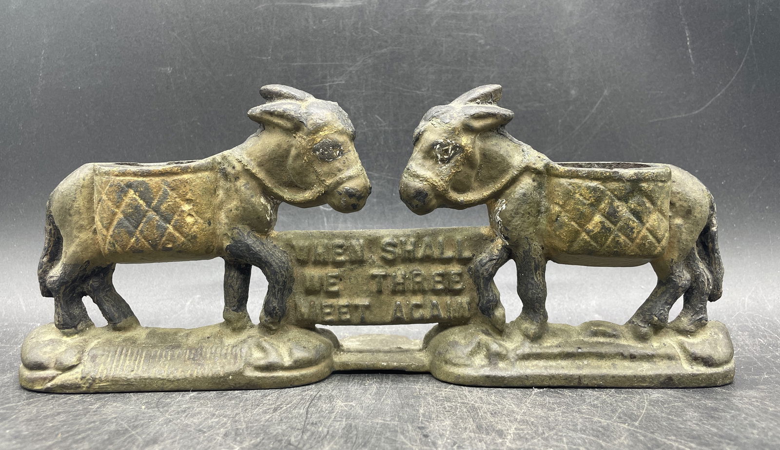ANTIQUE CAST IRON MATCH HOLDER WITH 2 DONKEYS "WHEN SHALL WE THREE MEET AGAIN" (1 of 7)