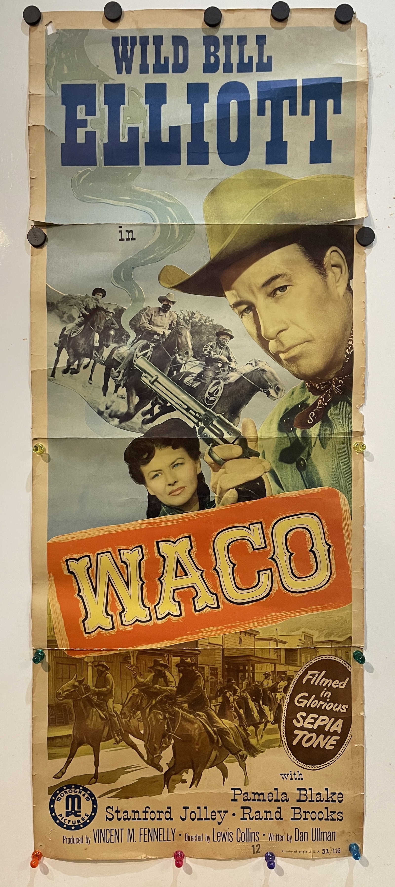 1952 WACO Movie Poster Wild Bill Elliott with smoking gun: Title: 1952 WACO Movie Poster Wild Bill Elliott with smoking gun Date/Period: 1950's Dimension: Approx 36 x 14 Material: paper Additional Information: 1953 WACO Movie Poster Wild Bill Elliott with smo