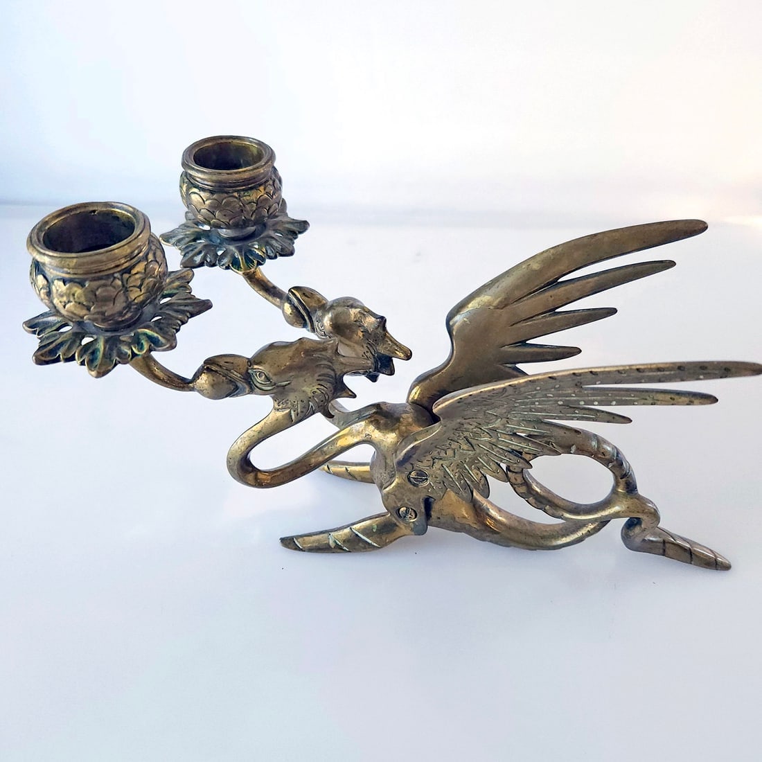 Vintage Brass Double Headed Winged Dragon Candle Holder (1 of 6)